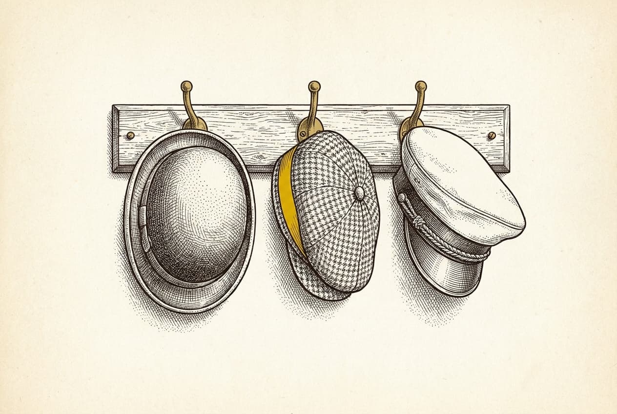 Etching of three different professional hats on a wall rack, one with a yellow band