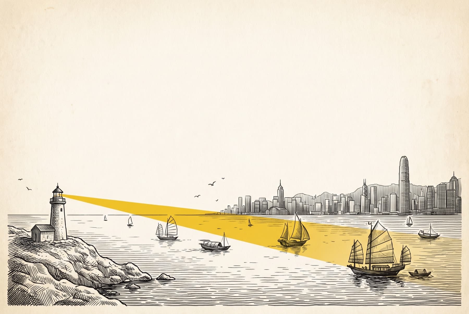 Etching of a lighthouse sweeping a yellow beam across Victoria Harbour, lighting up small junk boats against the Hong Kong skyline