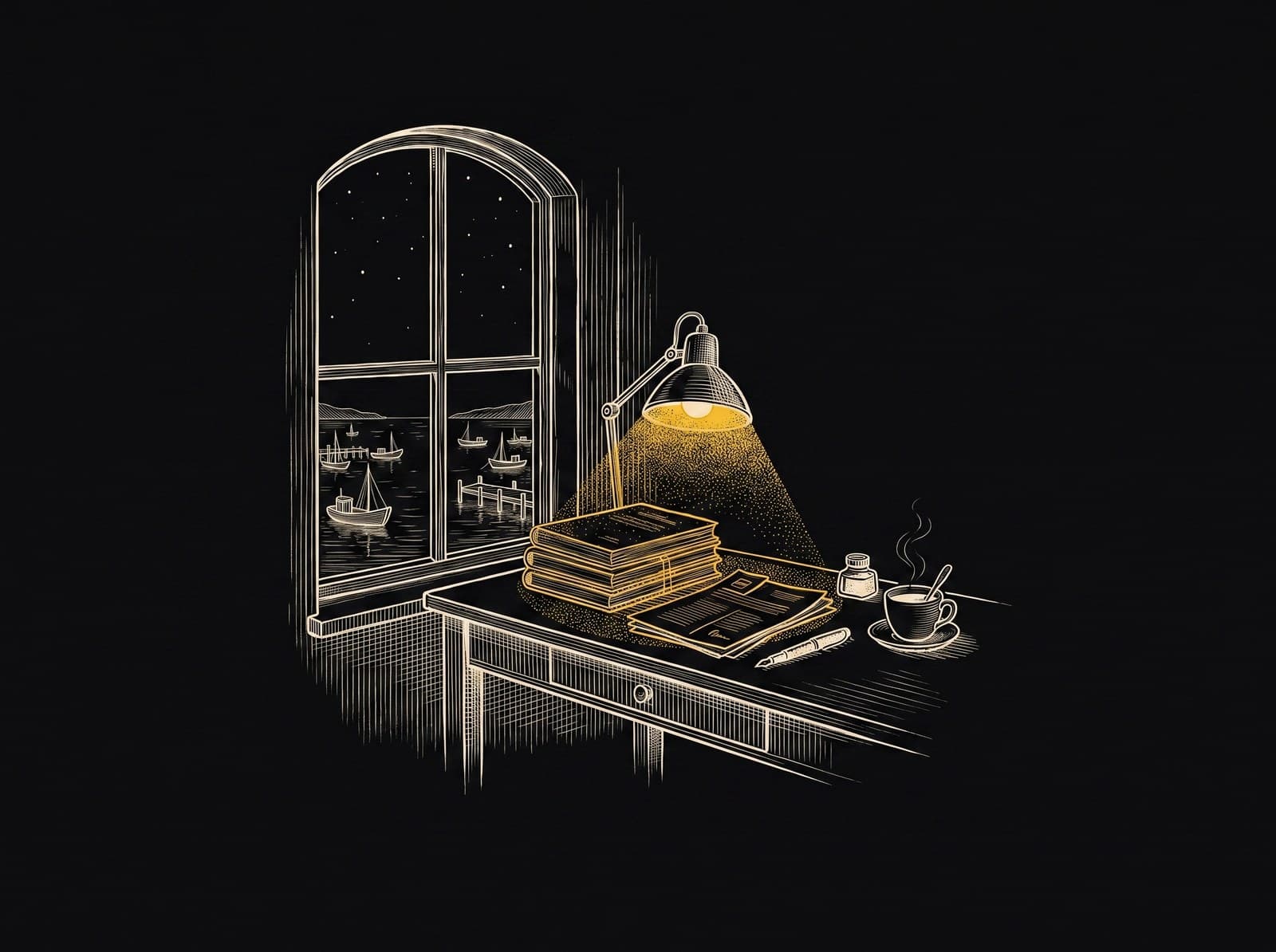 Engraving of a tidy desk by a harbour window: documents, fountain pen, tea, and a lamp casting a yellow pool of light