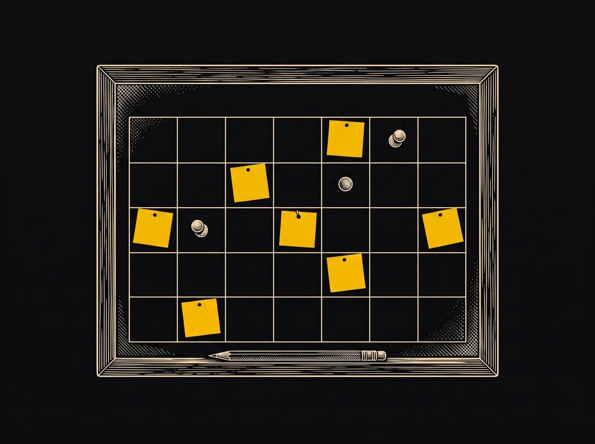 Engraving of a wall calendar with several dates flagged by yellow paper tabs and pins