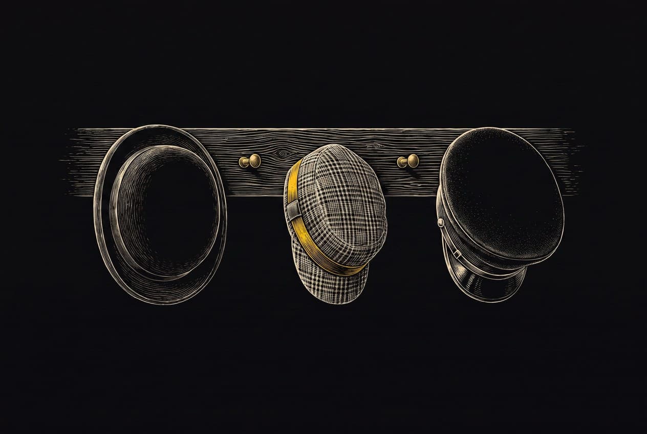 Engraving of three different professional hats on a wall rack, one with a yellow band