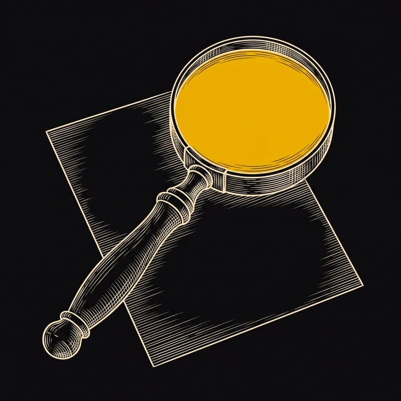 Engraving of a magnifying glass highlighting one document in yellow