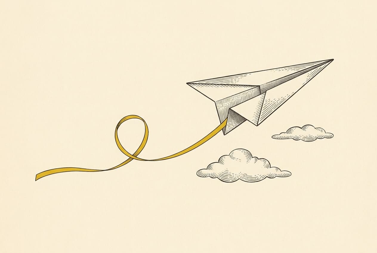 Etching of a paper plane trailing a looping yellow ribbon