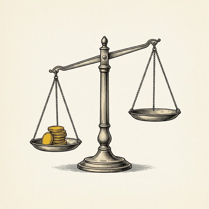 Etching of a balance scale weighed down by a stack of gold coins