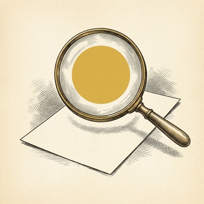 Etching of a magnifying glass highlighting one document in yellow