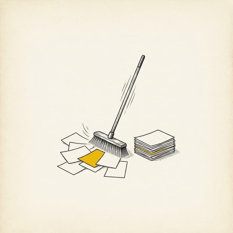 Etching of a broom sweeping scattered papers into one tidy stack