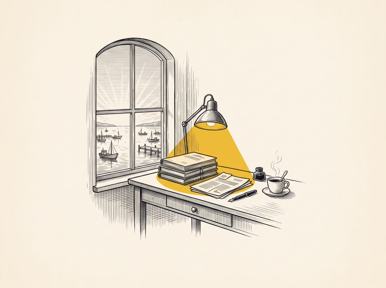 Etching of a tidy desk at dawn by a harbour window — documents, fountain pen, tea, and a lamp casting a yellow pool of light