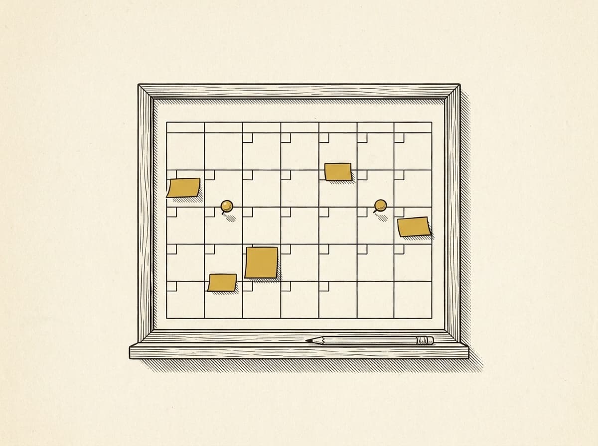 Etching of a wall calendar with several dates flagged by yellow paper tabs and pins